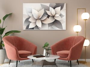 Abstract geometric flowers in neutral tones create a minimal yet dynamic pattern against a soft, muted background