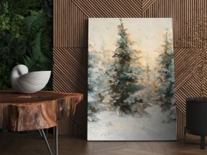 Serene winter landscape featuring fir trees dusted with snow in soft greens and warm golden lights