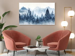 Serene mountain landscape painting, foggy forest and misty peaks misty