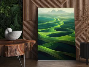 Abstract green landscape wallpaper background illustration design with hills and mountains