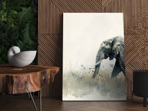 Watercolor Illustration of an Elephant Walking. Quiet Grassland Setting.