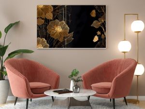 An elegant and luxurious illustration featuring a background with gold flowers made of thin golden lines on a dark background, creating a delicate floral texture. This illustration exudes opulence and