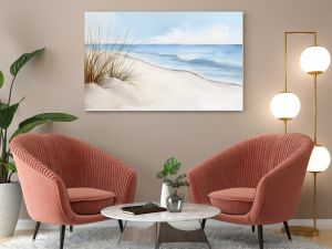 A serene beach scene rendered in watercolor, showing the fluid transitions between colors, soft brush techniques, and the artist's palette capturing the essence of the seaside