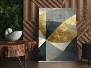 Intricate abstract design of fragmented shapes flowing gracefully through muted tones and textures background