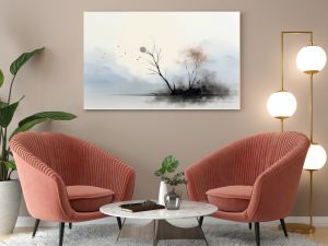 Minimalist landscape with trees, birds, and soft pastel tones