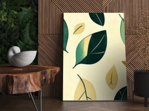 Seamless pattern of green and yellow leaves on a beige background