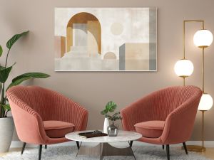 Minimalistic abstract digital painting featuring an earthy toned composition with simple geometric shapes gradients and architectural motifs in a clean Bauhaus inspired layout 