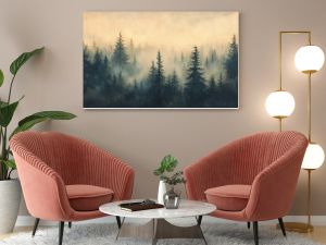 Vintage-inspired misty landscape, with a dense fir forest under a soft haze, evoking a sense of mystery and nostalgia.