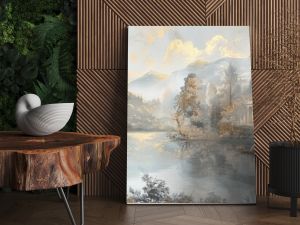 Baroque mural of a countryside scene in muted tones and gold on a soft backdrop