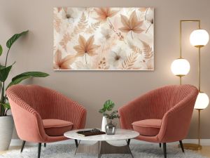 A delicate and airy design featuring translucent, watercolored leaves in soft amber, blush, and ivory tones, floating against a pearlescent background. 