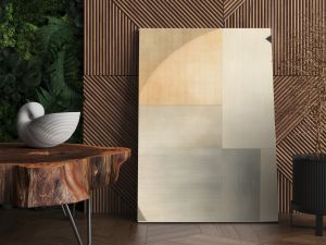 Abstract Geometric Shapes in Neutral Tones on Textured Paper, Featuring Muted Grays and Beiges with Subtle Gradients 