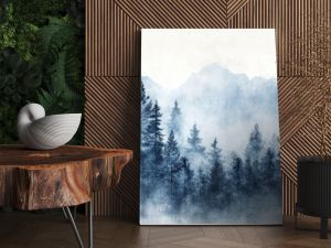 Serene mountain landscape painting, foggy forest and misty peaks misty