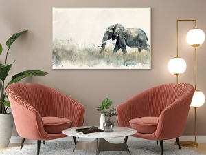 Watercolor Illustration of an Elephant Walking. Quiet Grassland Setting.