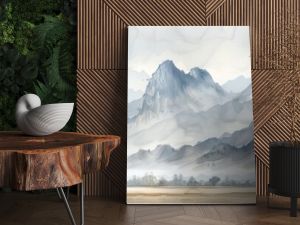 Serene watercolor painting of a misty mountain landscape, capturing tranquil beauty and natural harmony in soft, muted tones.