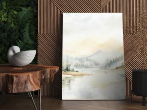 Watercolor painting beautiful landscape lake foreground surround