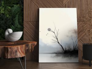 Minimalist landscape with trees, birds, and soft pastel tones