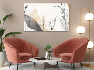 Abstract botanical design features delicate plants and organic shapes in muted colors on a textured background