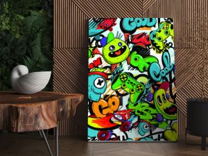 Abstract seamless cartoon pattern for kids, teenagers, fashion textile, clothes, wrapping paper. Repeated print with monsters doodle characters, graffiti text, gamepad, skateboard.