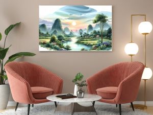 Watercolor pictures of rivers, trees, mountains, sun, beautiful evening views