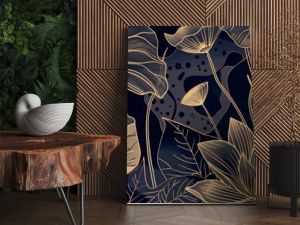 Elegant hand-drawn botanical leaves and gradient gold lotus flowers line art with tropical foliage for luxury background design