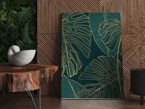 Luxury gold and green nature vector background. Floral pattern, tropical plant with golden split leaves with monstera plant line art, vector illustration.