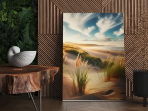 Golden sand dunes are dotted with tall, feathery grasses.  