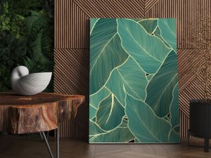 Luxury leaves wallpaper design gold and nature green background vector. Hand drawn linear golden abstract leaves. Vector Illustration