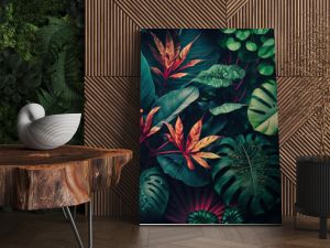 Lush colorful tropical leaves, dark background. AI