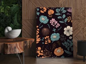 Seamless Сontemporary Spring Floral Pattern. Hand-drawn illustration. Flowers on black background. Decor, wallpaper, textile. Scandinavian design. Generative Ai.