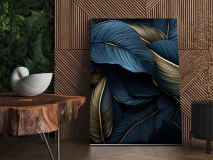 Dark blue and gold tropical leaves Exotic background, Ai Generated