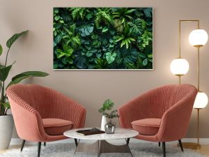 Dark green plants growing in a lush foliage background of tropical leaves like anthurium, epiphytes, or ferns, forming a beautiful green plant wall design in a cloud forest.