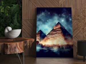 Watercolor painting of the pyramids of ​​giza at night