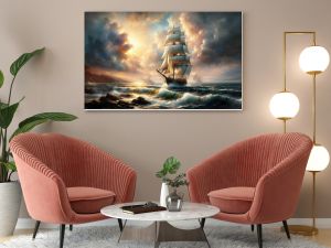 Watercolor painting of a tall sailboat sailing on the ocean