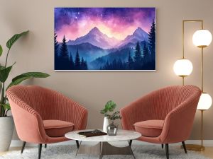 Vibrant watercolor night sky featuring stars, mountains, and silhouetted trees, creating a serene and magical atmosphere.