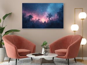 Hand painted watercolor of a starry night sky with the Milky Way visible and soft, glowing colors