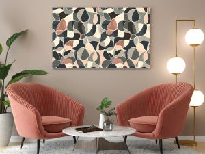 A pattern of abstract, interlocking shapes in a muted color palette