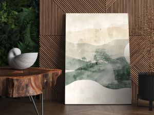 A serene abstract landscape featuring muted colors and gentle curves, evoking a calm and tranquil atmosphere. 