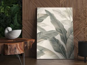 07250736 167. A refined wallpaper design showcasing a blend of tropical leaves in muted shades of grey, ivory, and sand  the subtle contrast of the neutral colors adds depth and texture to the