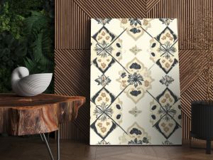 Geometric pattern of diamond shapes with floral designs in muted colors creates an intricate textile design suitable for various decor styles