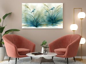 Two small blue birds sit on tall grassy plants, surrounded by soft, muted colors. The peaceful environment evokes a sense of calm and tranquility, illustrating the beauty of nature.