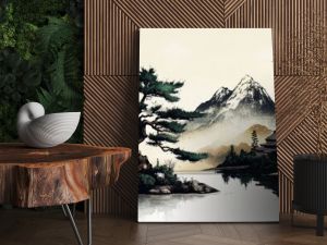 Majestic mountain landscape with snowy peaks, lush trees, traditional Japanese village, and warm sunset glow in muted colors