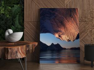 3d render, futuristic landscape with cliffs and water. Modern minimal abstract background. Spiritual zen wallpaper with sunset or sunrise light