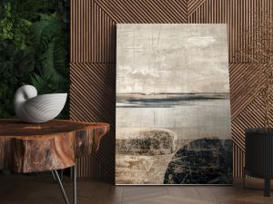 Modern art mural wallpaper background with abstract shapes and textures in a muted color palette, forming a calm and sophisticated design.