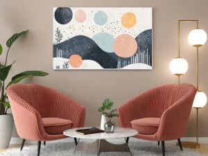 Abstract winter landscape with geometric shapes and pastel colors