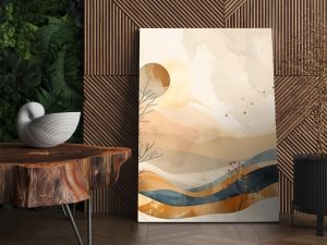 Abstract minimalist landscape painting with muted earth tones, featuring stylized trees, hills, and a sun.