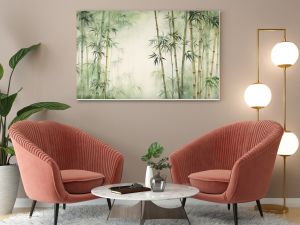 Tall tropical bamboo wall mural painted art, watercolor art style wallpaper background.