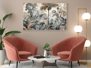 Watercolor pattern wallpaper. Painting of a jungle landscape.