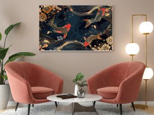 Modern illustration with Sakura flower, ocean wave, and koi carp fish in Oriental style. Japanese illustration with golden texture. Modern illustration with Sakura flower, ocean wave, and koi carp