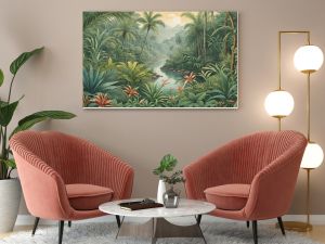 Vintage tropical botanical illustration of a lush jungle paradise