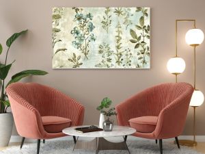 A background pattern of vintage botanical prints featuring wildflowers in muted tones of blue and green, arranged in an elegant, repeating design.